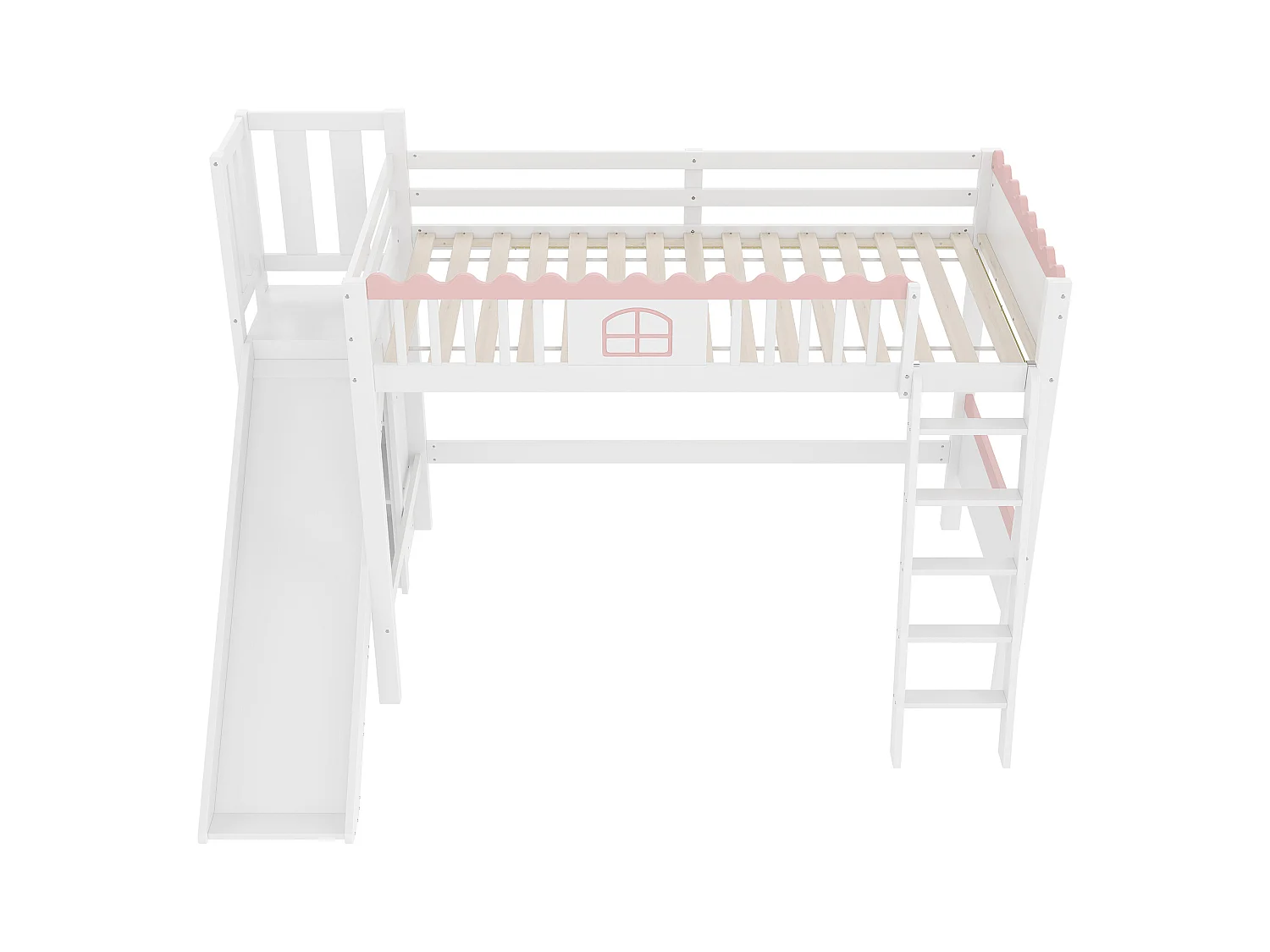 Cama mezanino infantil 90x200 cm - com iluminação LED - com prateleiras - com escorregador - de madeira maciça - Branco (sem colchão)