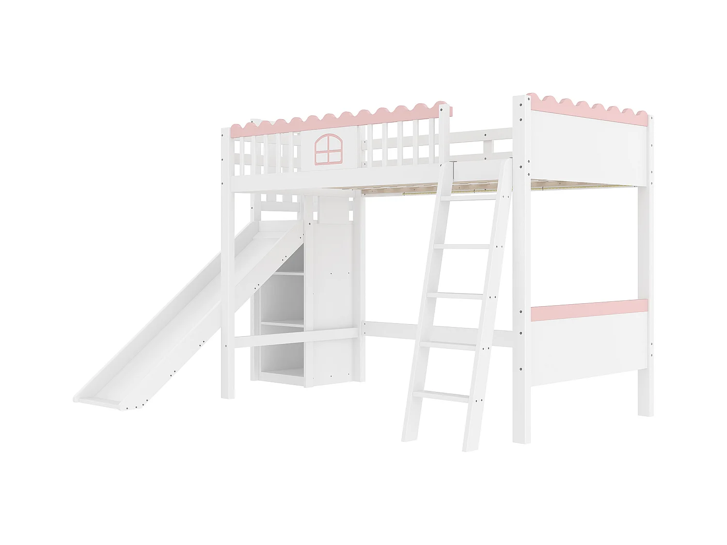 Cama mezanino infantil 90x200 cm - com iluminação LED - com prateleiras - com escorregador - de madeira maciça - Branco (sem colchão)