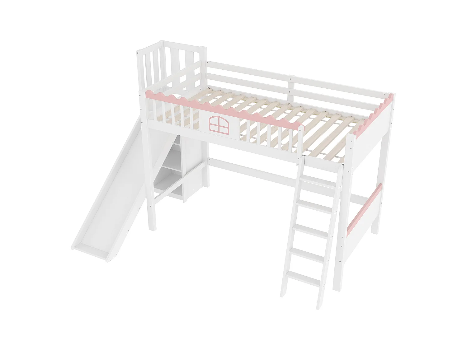 Cama mezanino infantil 90x200 cm - com iluminação LED - com prateleiras - com escorregador - de madeira maciça - Branco (sem colchão)