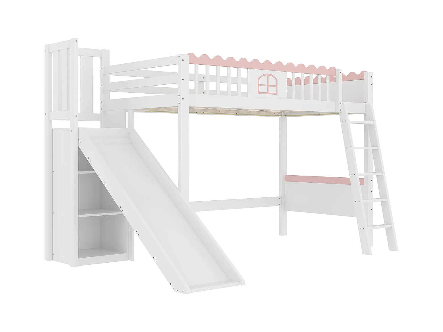 Cama mezanino infantil 90x200 cm - com iluminação LED - com prateleiras - com escorregador - de madeira maciça - Branco (sem colchão)
