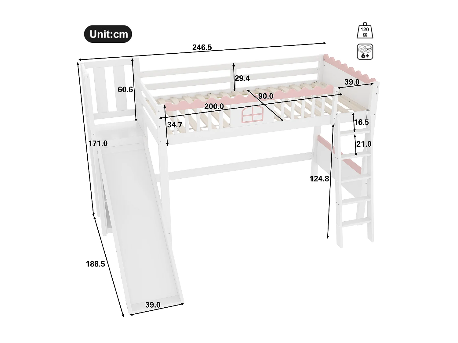 Lit mezzanine enfant 90x200 cm - avec éclairage LED - avec étagères - avec toboggan - Bois massif - Blanc (sans matelas)
