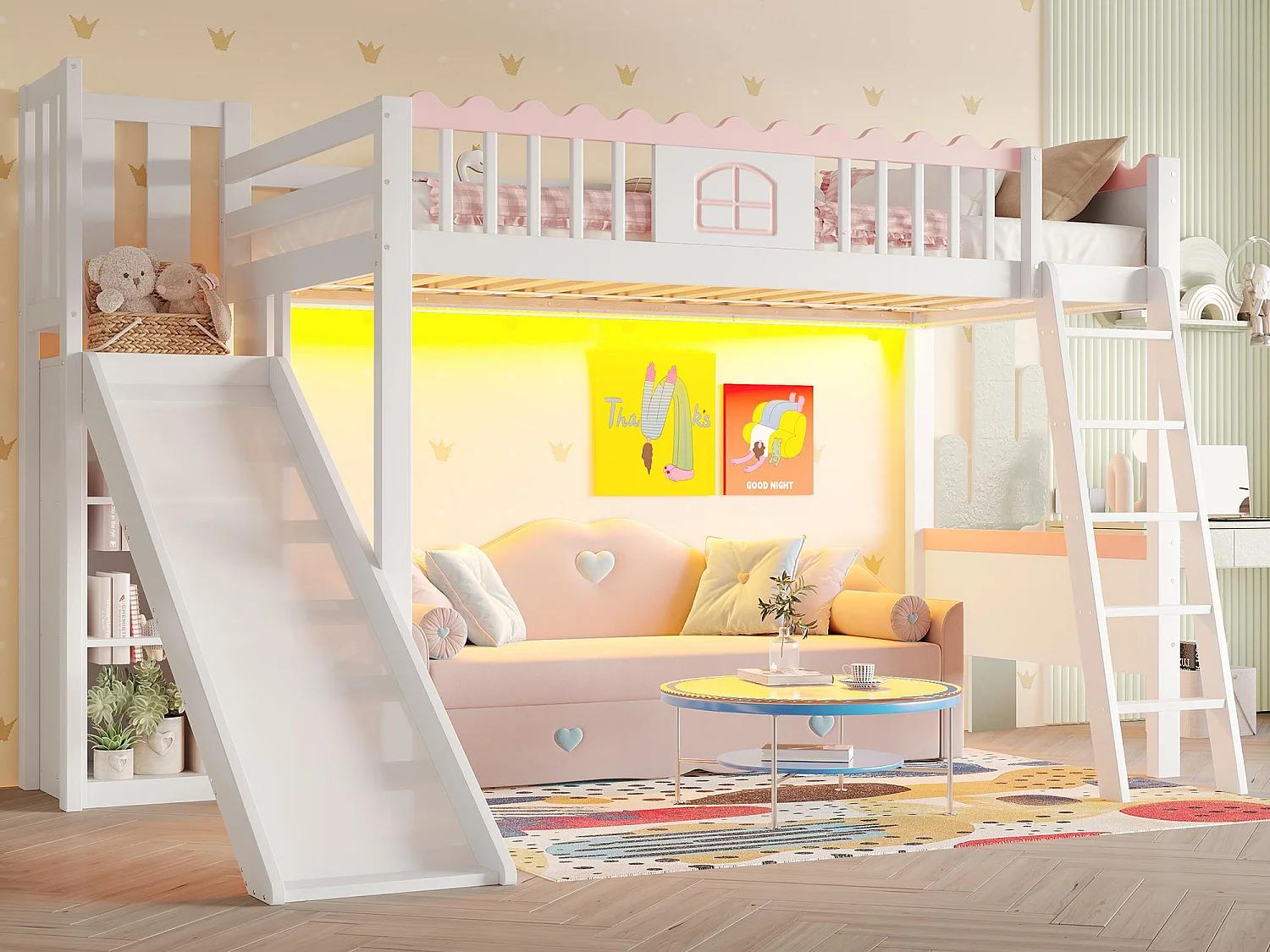 Lit mezzanine enfant 90x200 cm - avec éclairage LED - avec étagères - avec toboggan - Bois massif - Blanc (sans matelas)