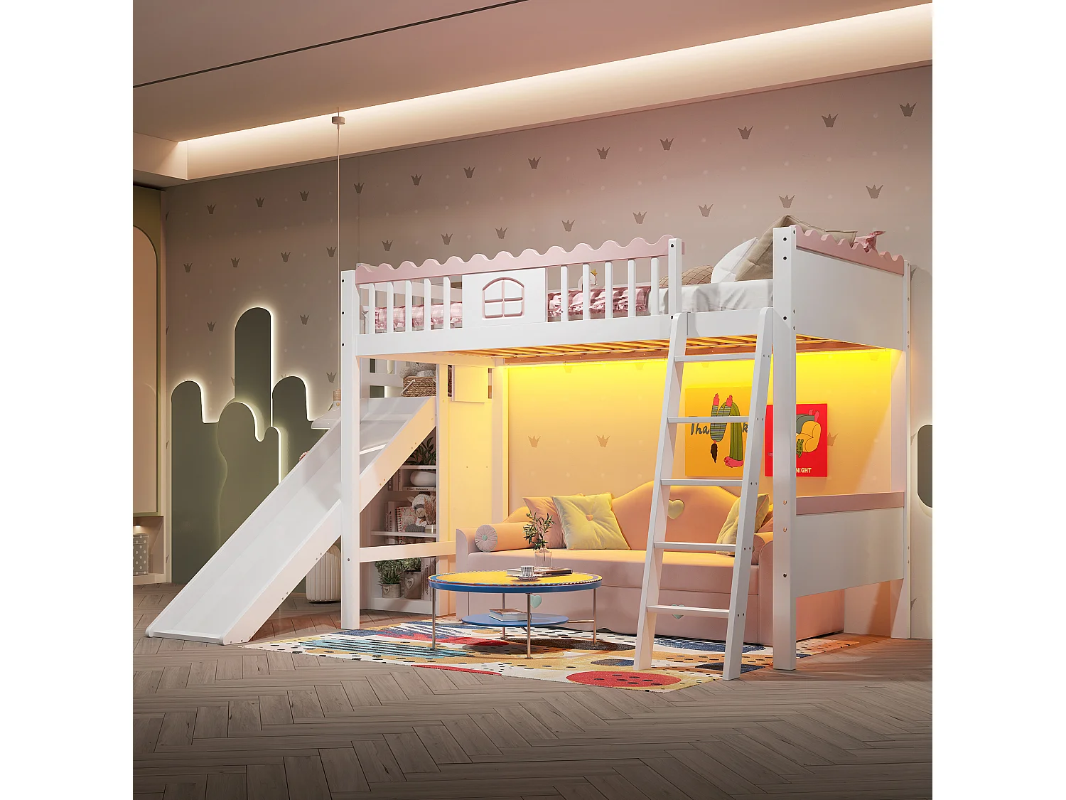 Lit mezzanine enfant 90x200 cm - avec éclairage LED - avec étagères - avec toboggan - Bois massif - Blanc (sans matelas)