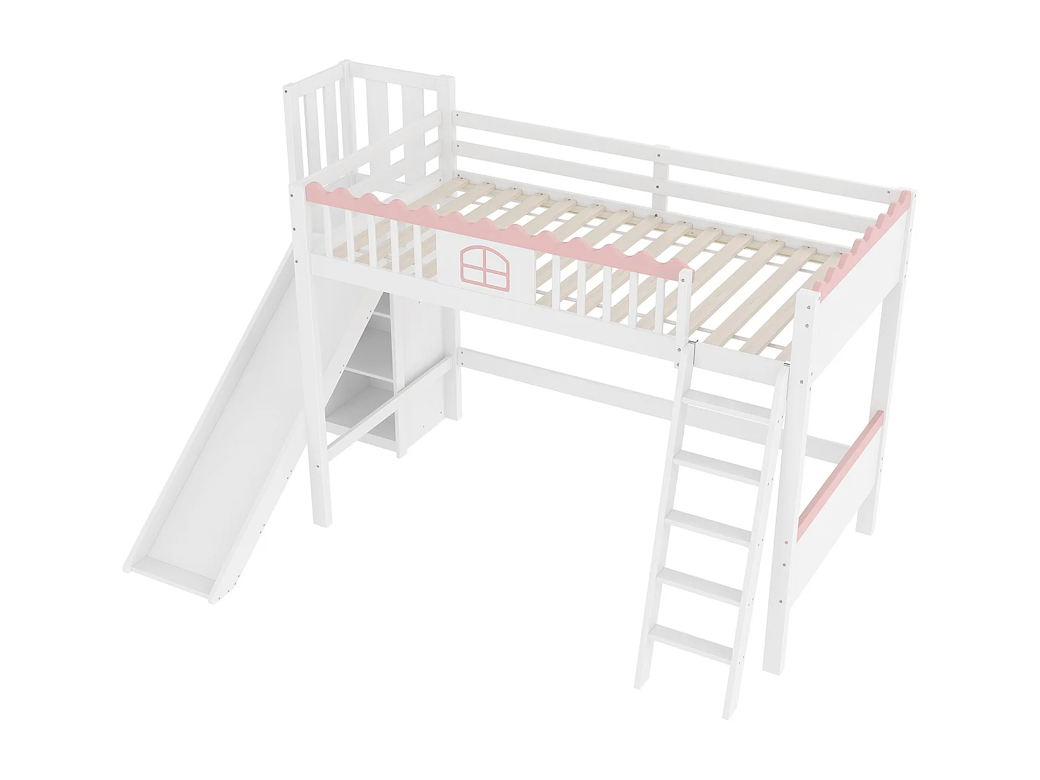 Lit mezzanine enfant 90x200 cm - avec éclairage LED - avec étagères - avec toboggan - Bois massif - Blanc (sans matelas)