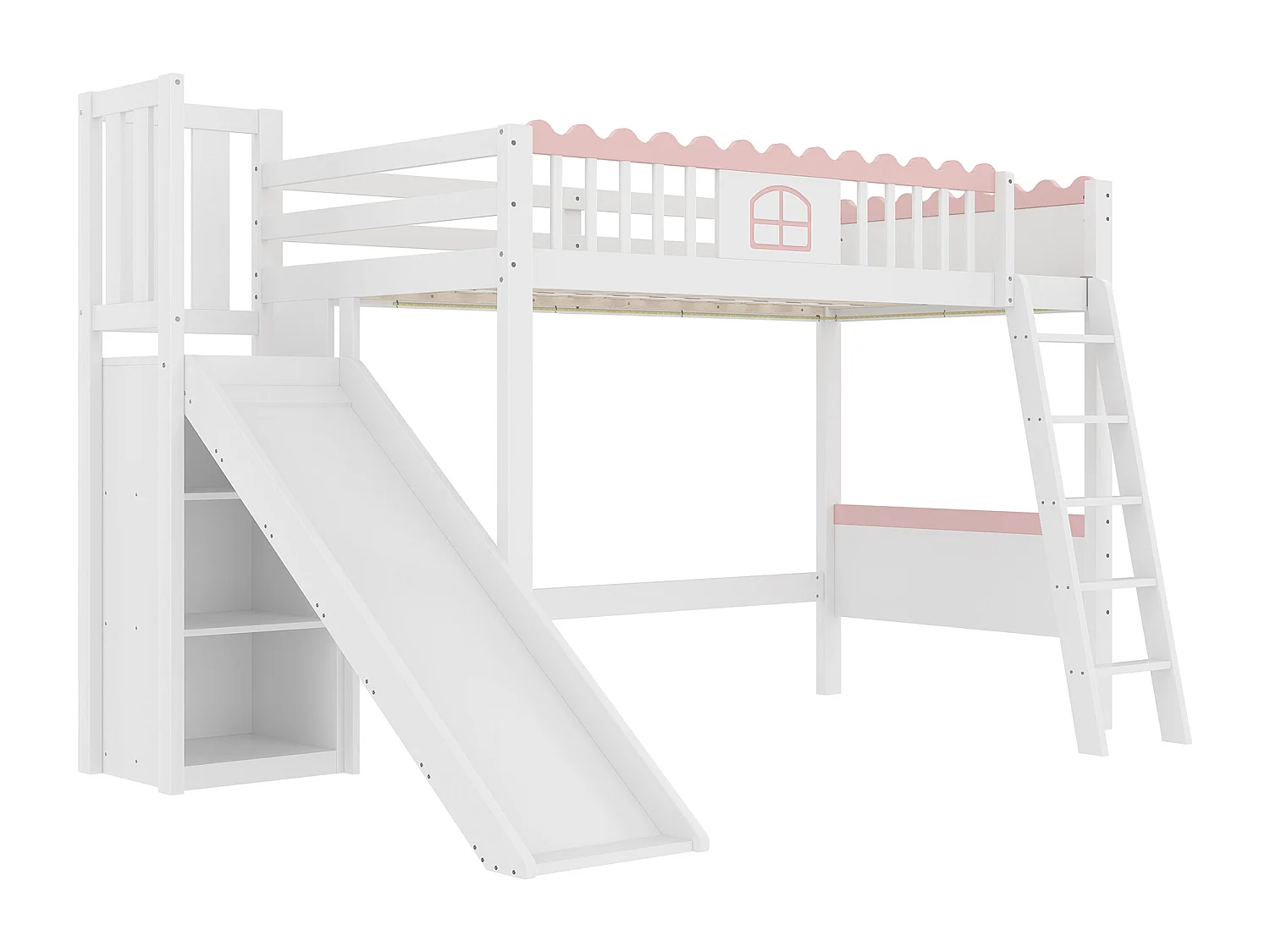Lit mezzanine enfant 90x200 cm - avec éclairage LED - avec étagères - avec toboggan - Bois massif - Blanc (sans matelas)