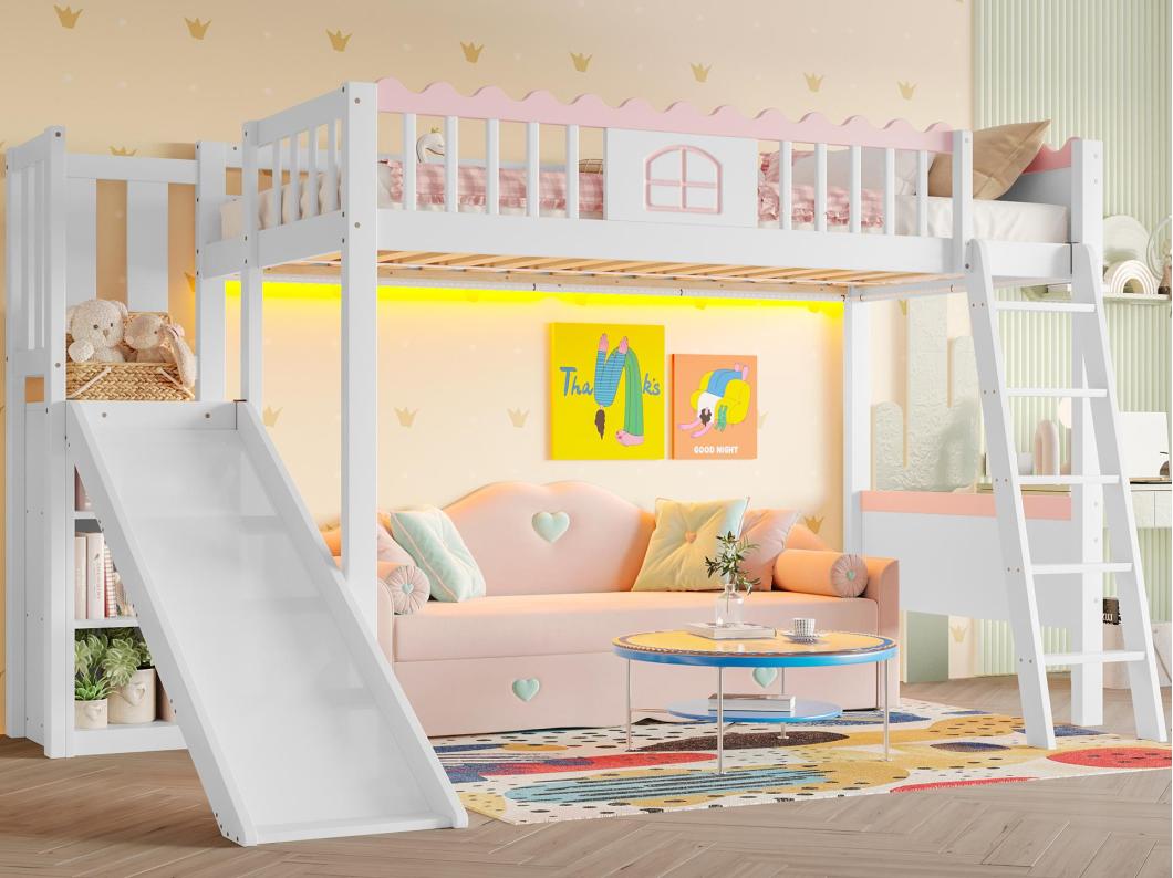 Cama mezanino infantil 90x200 cm - com iluminação LED - com prateleiras - com escorregador - de madeira maciça - Branco (sem colchão)