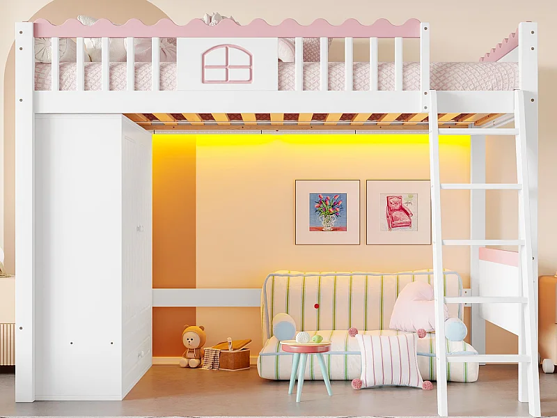 Letto mezzanino semplice 90 x 200 cm - Letto per bambini - Con illuminazione LED - Con armadio a muro - Con cassetto di stoccaggio - Bianco (senza materasso)