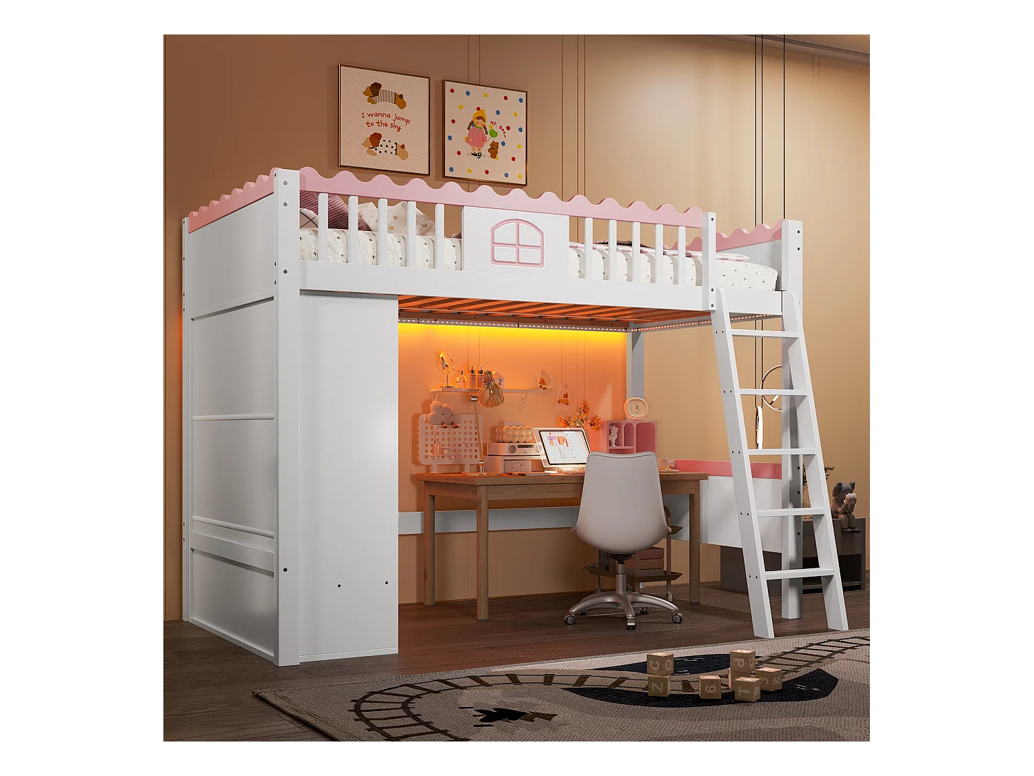 Lit mezzanine simple 90 x 200 cm - Lit enfant - Avec éclairage LED - Avec penderie - Avec tiroir de rangement - Blanc (sans matelas)