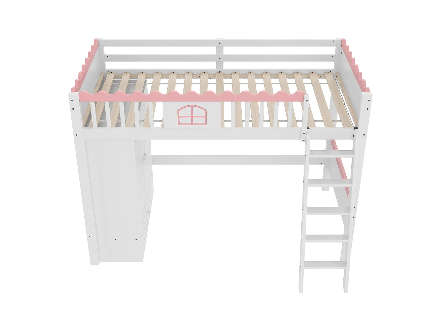 Lit mezzanine simple 90 x 200 cm - Lit enfant - Avec éclairage LED - Avec penderie - Avec tiroir de rangement - Blanc (sans matelas)