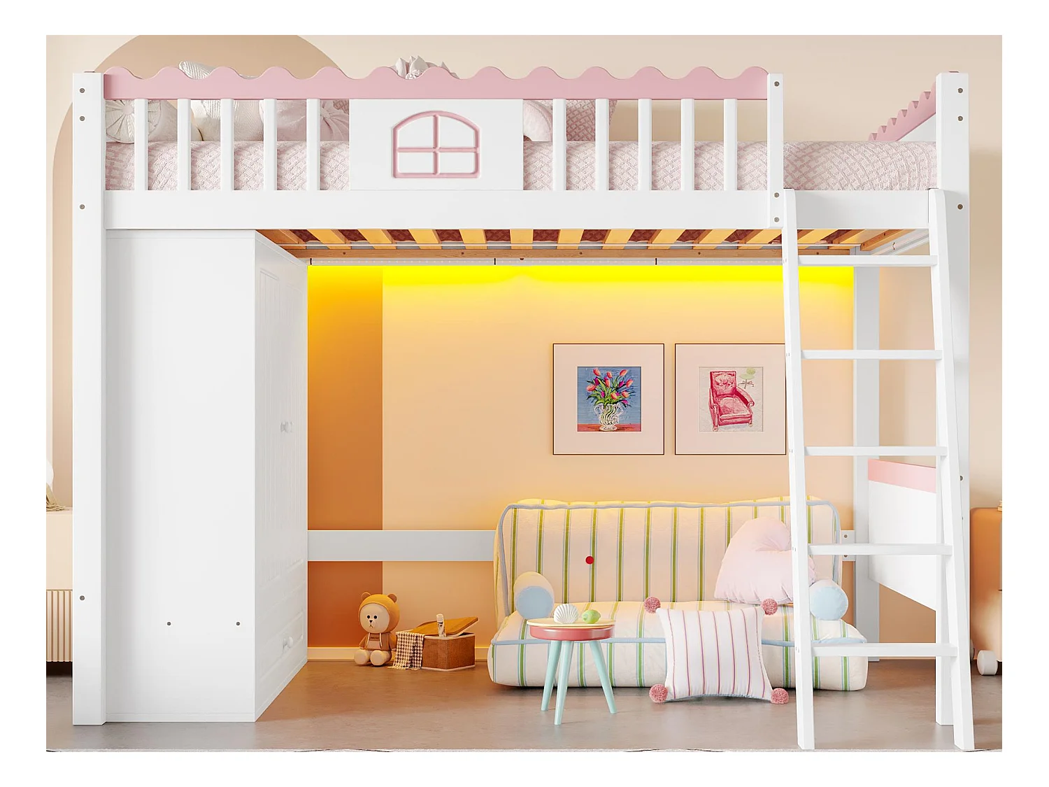 Łóżko mezzanine pojedyncze 90 x 200 cm - Łóżko dziecięce - Z oświetleniem LED - Z szafą - Z szufladą na przechowywanie - Białe (bez materaca)