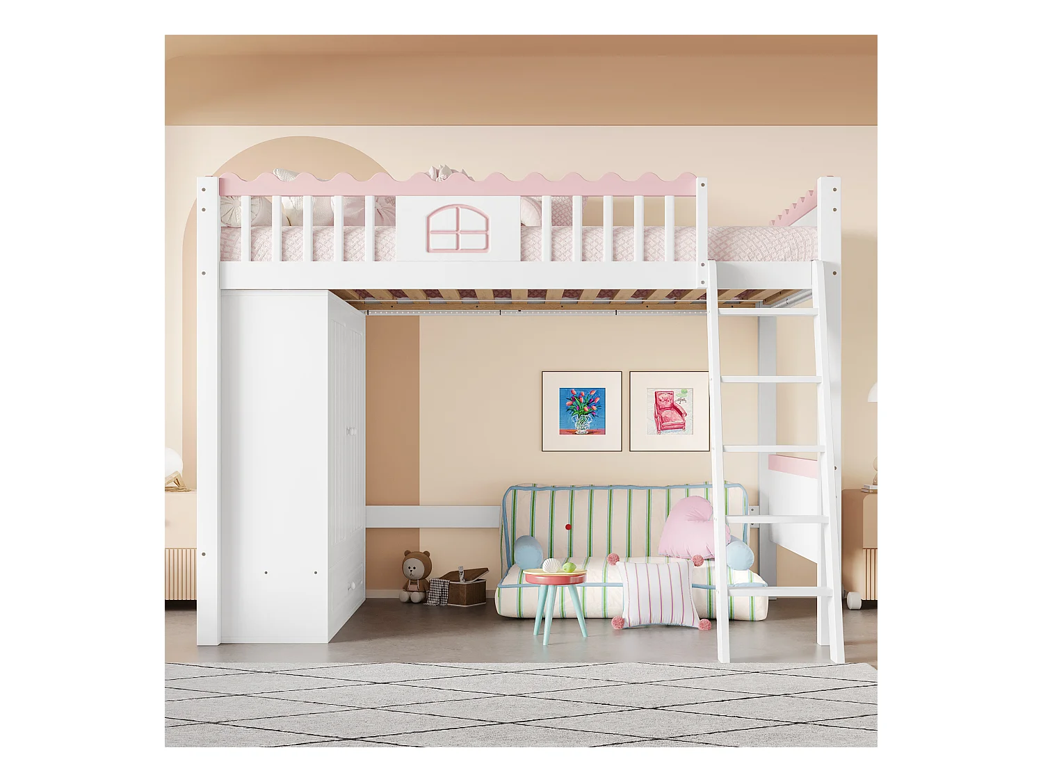 Łóżko mezzanine pojedyncze 90 x 200 cm - Łóżko dziecięce - Z oświetleniem LED - Z szafą - Z szufladą na przechowywanie - Białe (bez materaca)