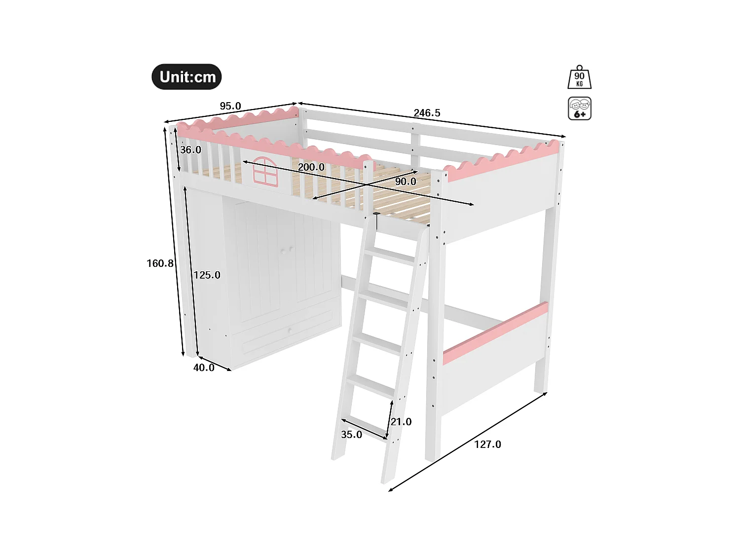 Łóżko mezzanine pojedyncze 90 x 200 cm - Łóżko dziecięce - Z oświetleniem LED - Z szafą - Z szufladą na przechowywanie - Białe (bez materaca)