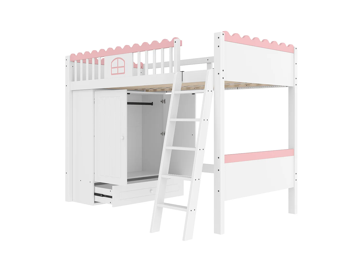 Łóżko mezzanine pojedyncze 90 x 200 cm - Łóżko dziecięce - Z oświetleniem LED - Z szafą - Z szufladą na przechowywanie - Białe (bez materaca)