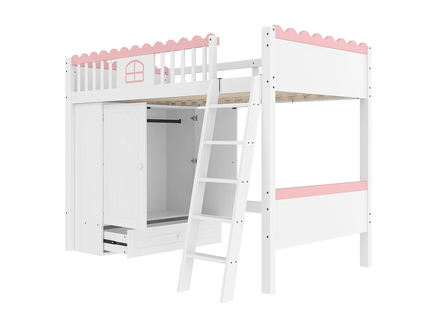 Einfaches Mezzanine-Bett 90 x 200 cm - Kinderbett - Mit LED-Beleuchtung - Mit Kleiderschrank - Mit Schublade für die Aufbewahrung - Weiß (ohne Matratze)
