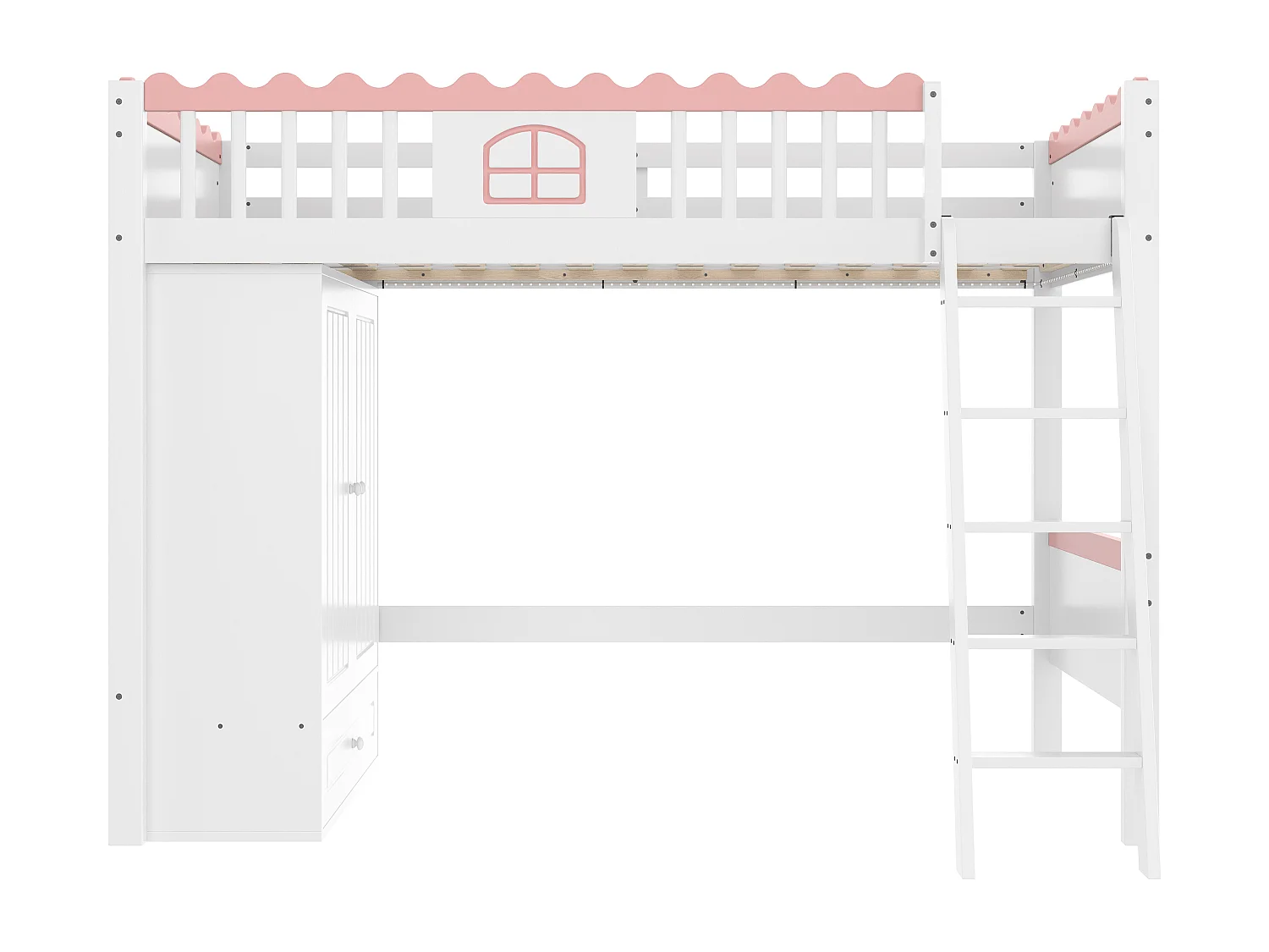 Einfaches Mezzanine-Bett 90 x 200 cm - Kinderbett - Mit LED-Beleuchtung - Mit Kleiderschrank - Mit Schublade für die Aufbewahrung - Weiß (ohne Matratze)