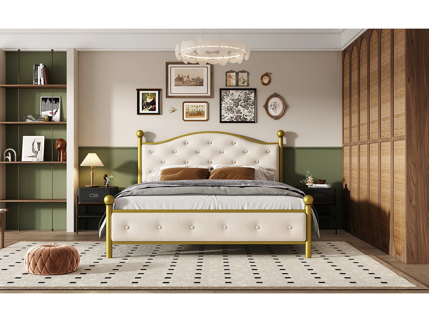 Dubbel bed 140 x 200 cm - met gevoerde hoofdsteun - met metalen latjes matras - goud (colchón niet inbegrepen)