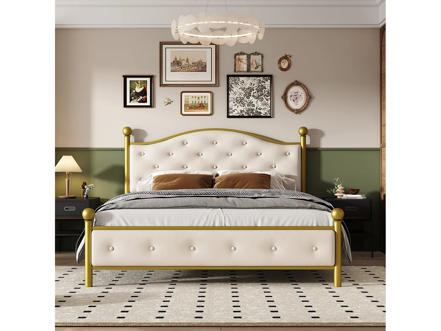 Dubbel bed 140 x 200 cm - met gevoerde hoofdsteun - met metalen latjes matras - goud (colchón niet inbegrepen)