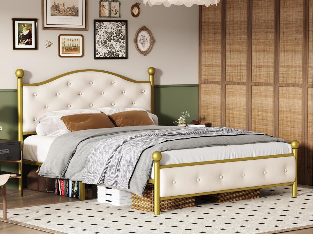 Dubbel bed 140 x 200 cm - met gevoerde hoofdsteun - met metalen latjes matras - goud (colchón niet inbegrepen)