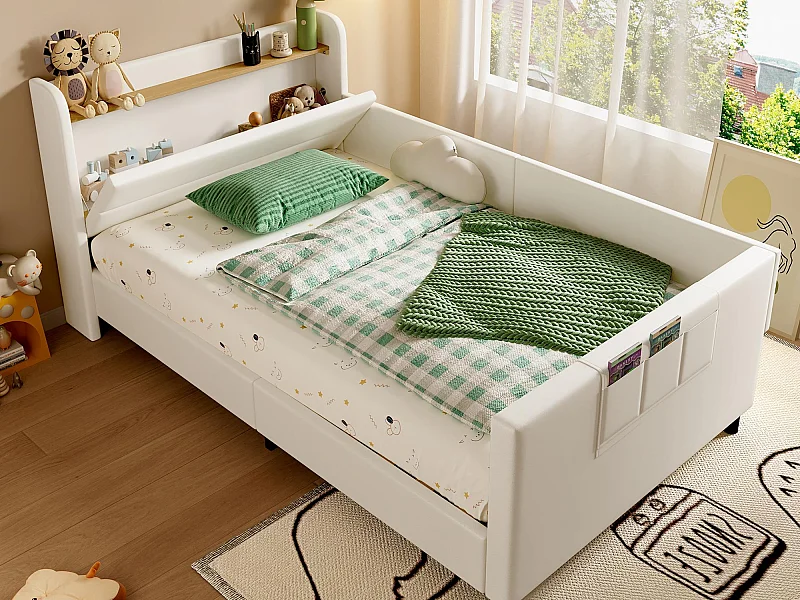 Kinderbett 90x200 cm - mit 3 Stauraumtaschen - mit Sicherheitsbarrieren - mit Kopfstütze in Kastenform - PU + MDF + Sperrholz - weiß (ohne Matratze)