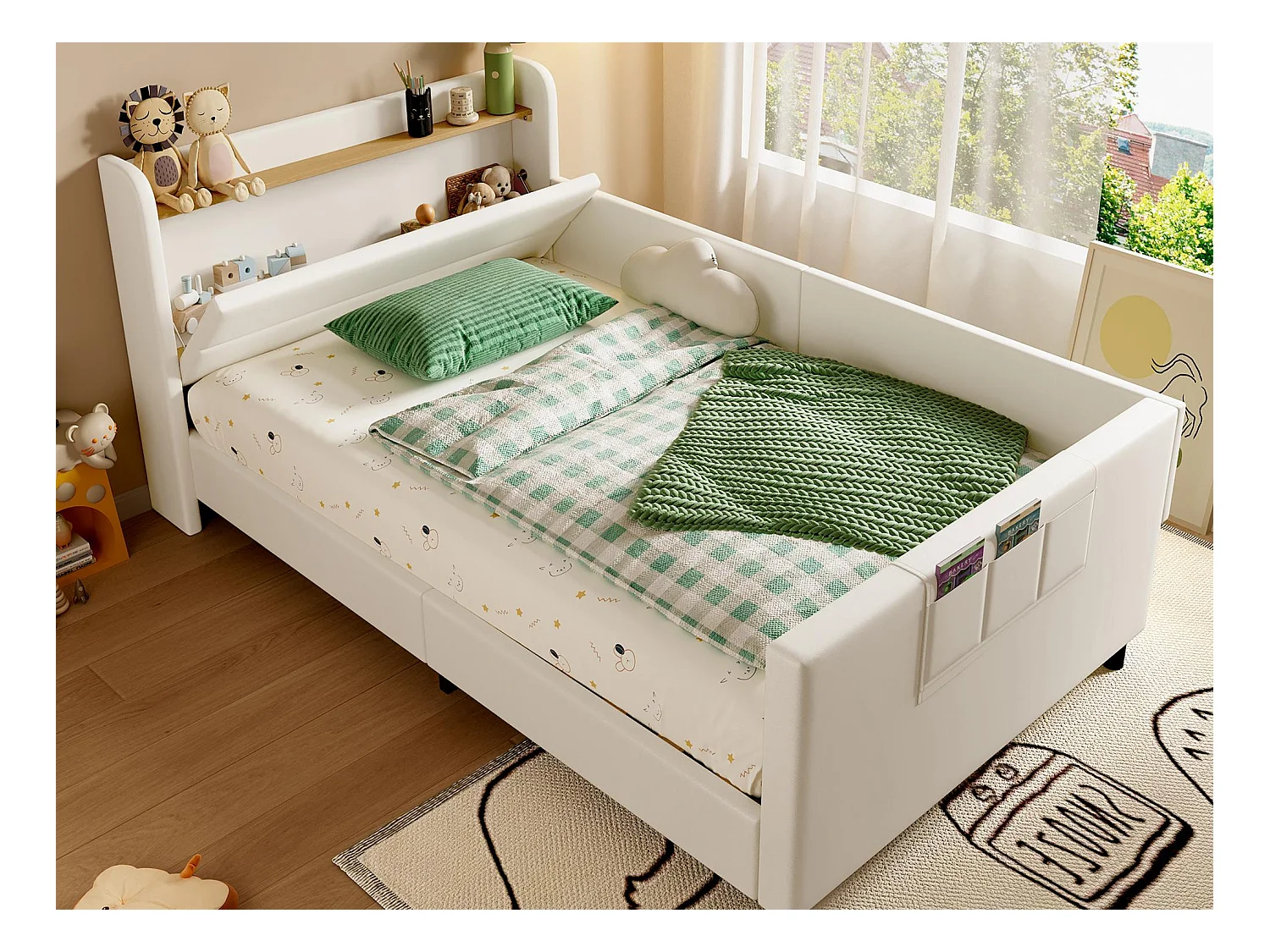 Lit enfant 90x200cm - avec 3 poches de rangement - avec barrières - avec tête de lit coffre - PU+MDF+contreplaqué - blanc (sans matelas)