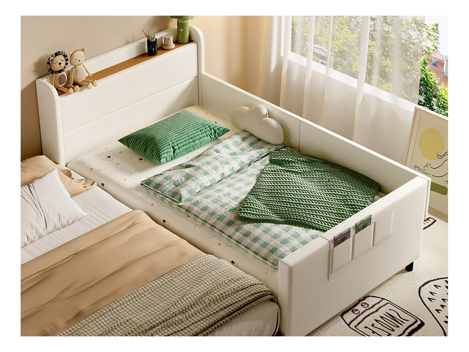 Lit enfant 90x200cm - avec 3 poches de rangement - avec barrières - avec tête de lit coffre - PU+MDF+contreplaqué - blanc (sans matelas)