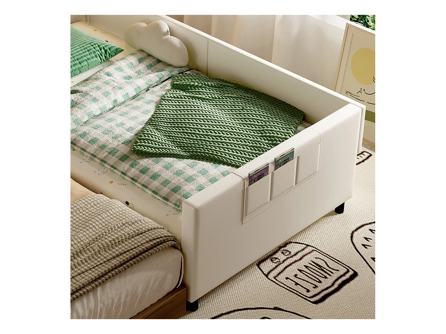 Lit enfant 90x200cm - avec 3 poches de rangement - avec barrières - avec tête de lit coffre - PU+MDF+contreplaqué - blanc (sans matelas)