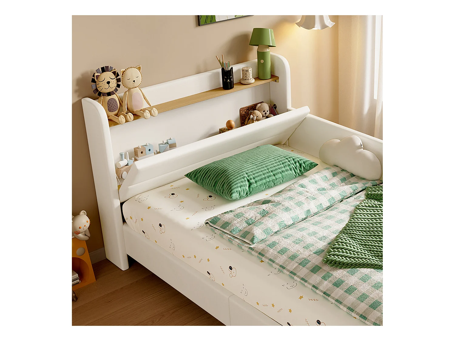 Lit enfant 90x200cm - avec 3 poches de rangement - avec barrières - avec tête de lit coffre - PU+MDF+contreplaqué - blanc (sans matelas)