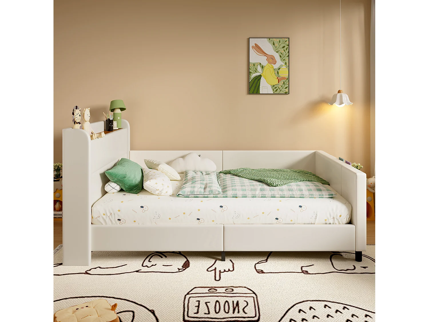 Łóżko dziecięce 90x200cm - z 3 kieszeniami na przechowywanie - z barierkami - z wezgłowiem skrzynkowym - PU+MDF+sklejka - białe (bez materaca)