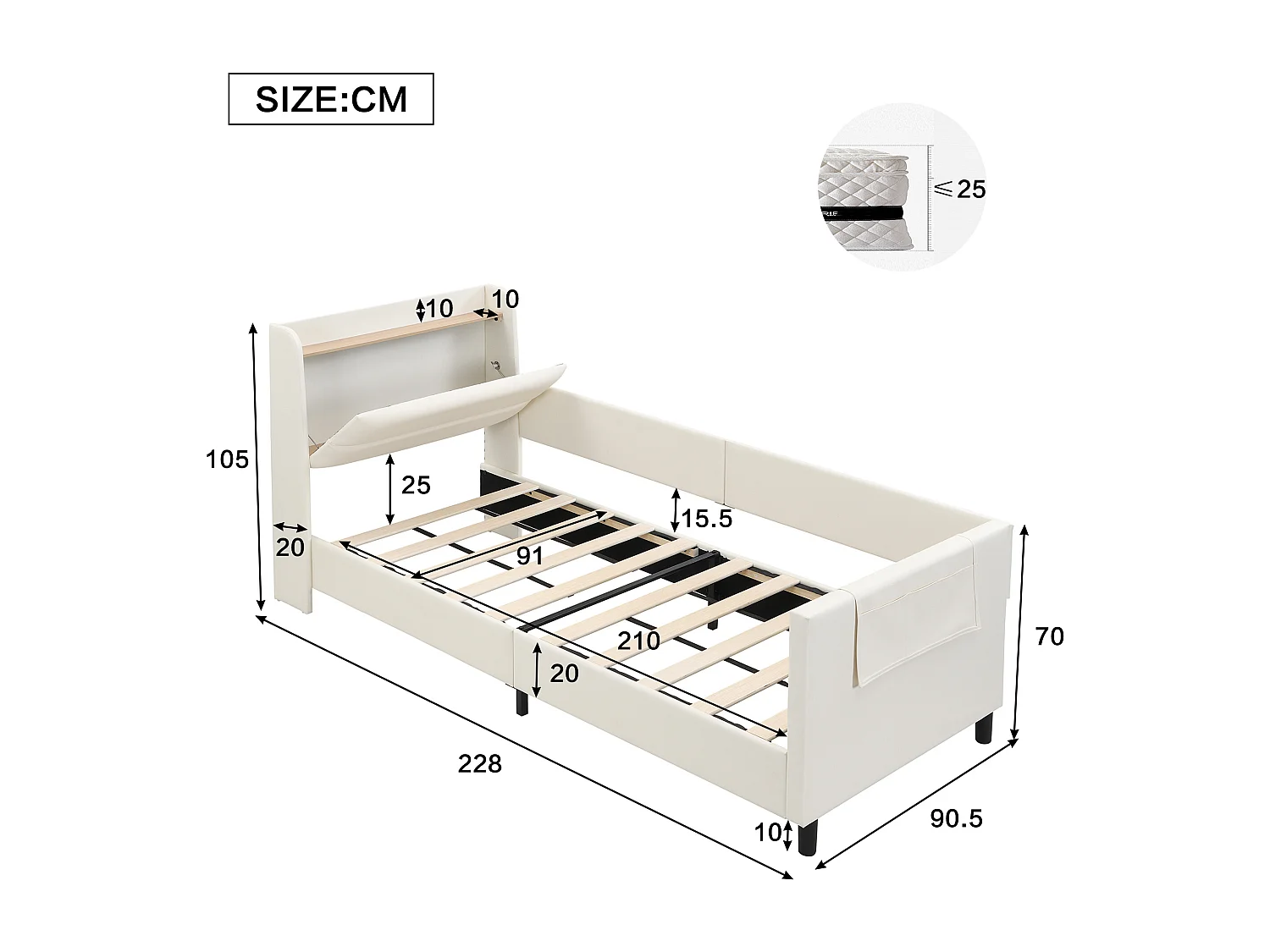 Łóżko dziecięce 90x200cm - z 3 kieszeniami na przechowywanie - z barierkami - z wezgłowiem skrzynkowym - PU+MDF+sklejka - białe (bez materaca)