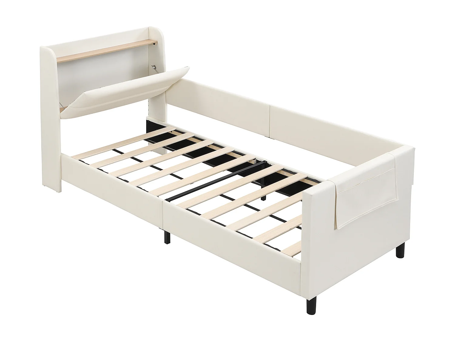 Łóżko dziecięce 90x200cm - z 3 kieszeniami na przechowywanie - z barierkami - z wezgłowiem skrzynkowym - PU+MDF+sklejka - białe (bez materaca)