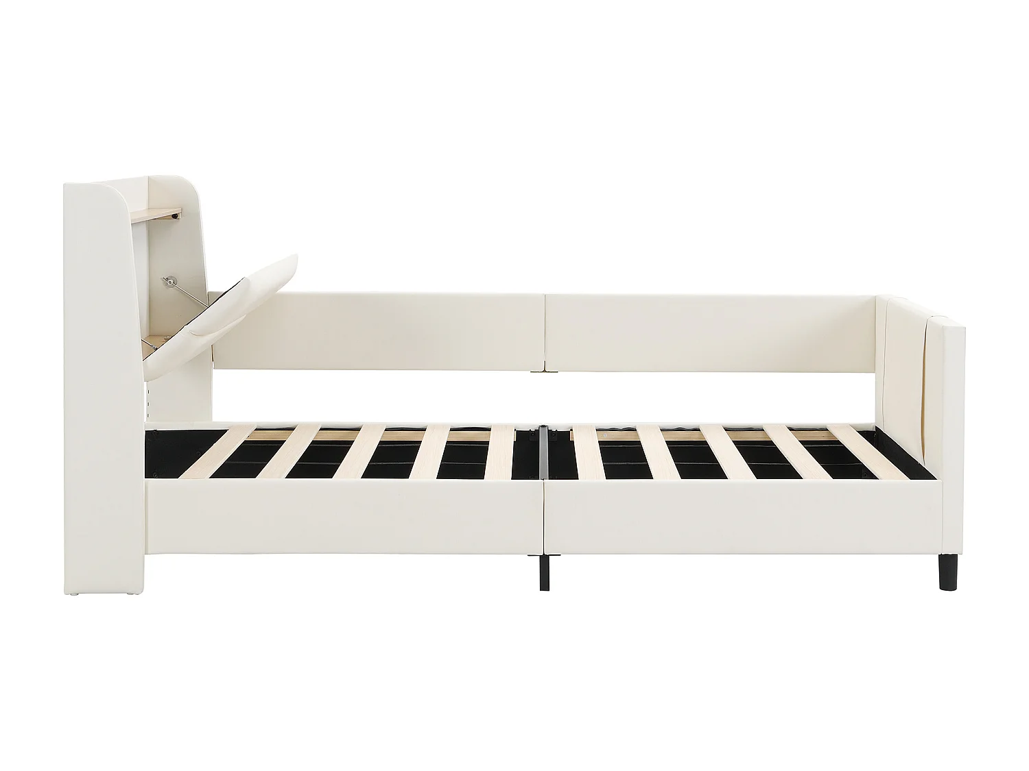 Łóżko dziecięce 90x200cm - z 3 kieszeniami na przechowywanie - z barierkami - z wezgłowiem skrzynkowym - PU+MDF+sklejka - białe (bez materaca)