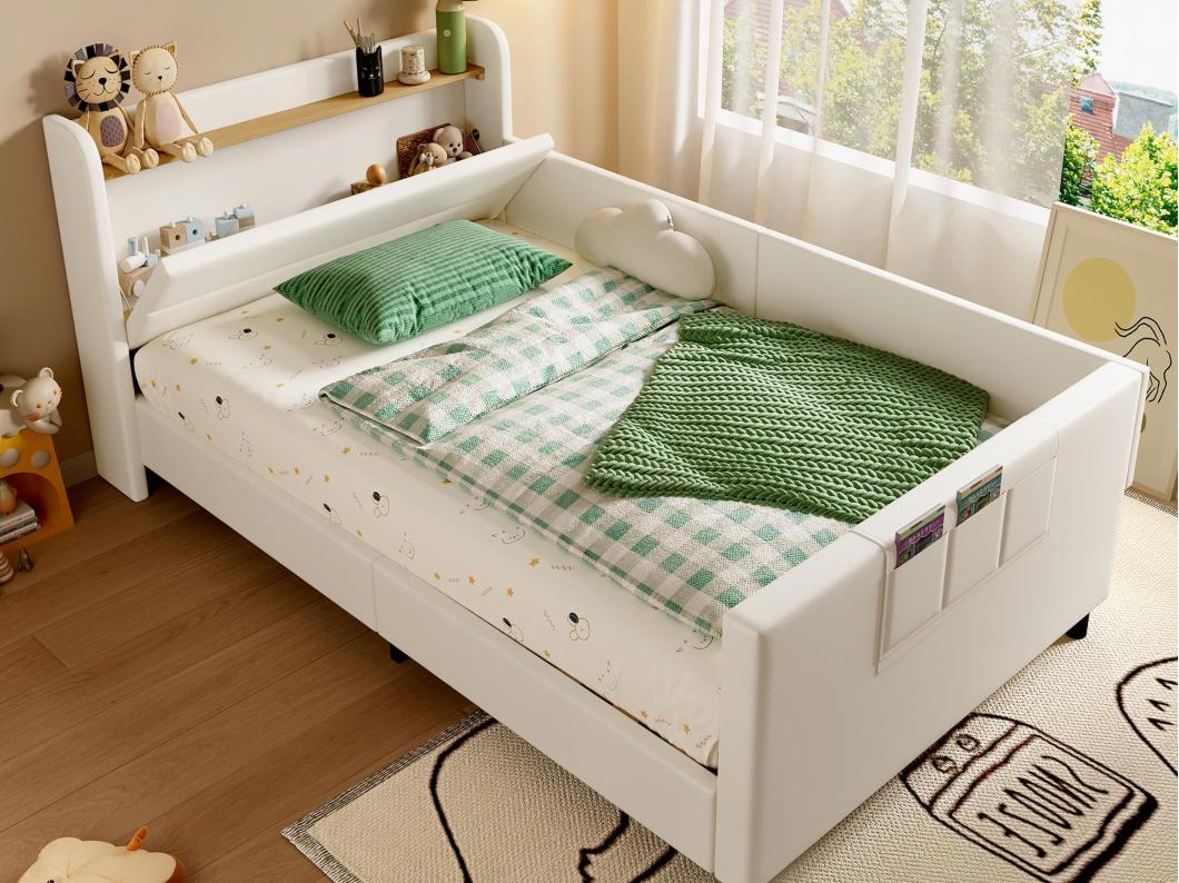 Lit enfant 90x200cm - avec 3 poches de rangement - avec barrières - avec tête de lit coffre - PU+MDF+contreplaqué - blanc (sans matelas)