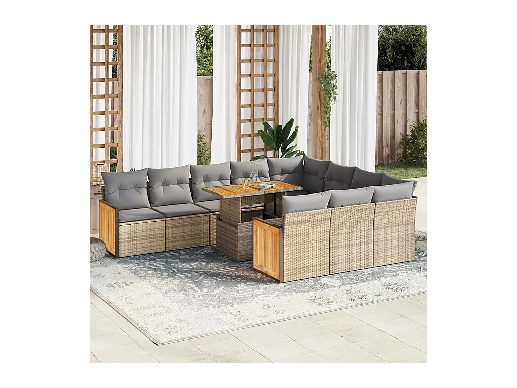 Salon de jardin 11pcs avec coussins beige résine tressée acacia