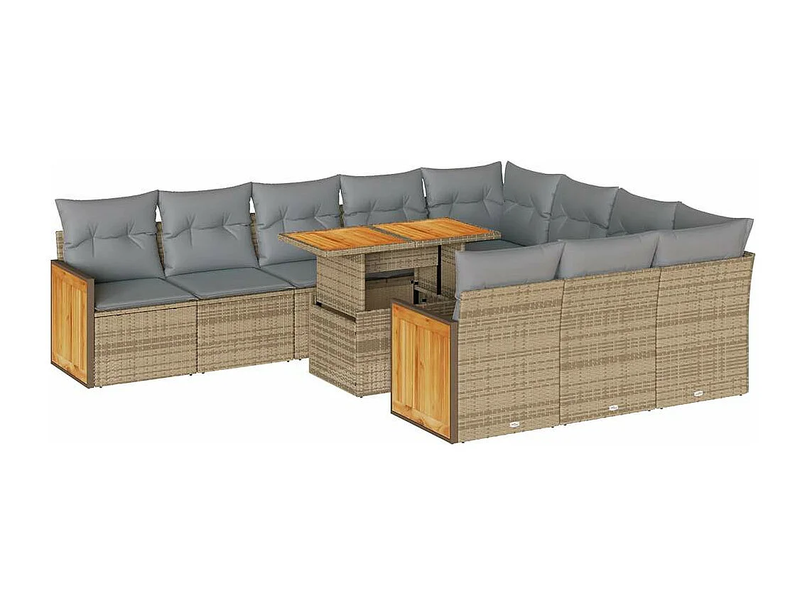 Salon de jardin 11pcs avec coussins beige résine tressée acacia