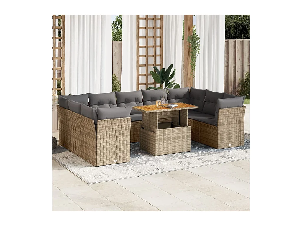 Salon de jardin avec coussins 10 pcs beige résine tressée