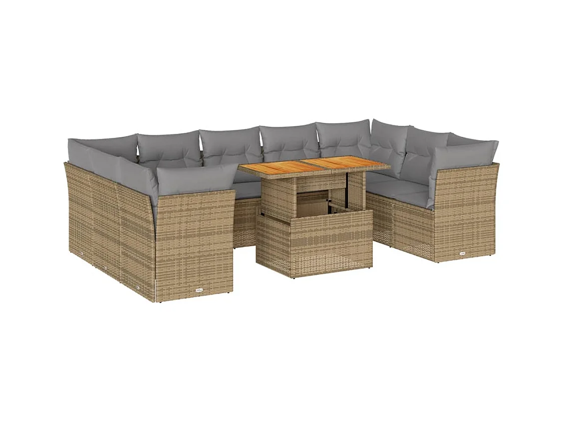 Salon de jardin avec coussins 10 pcs beige résine tressée