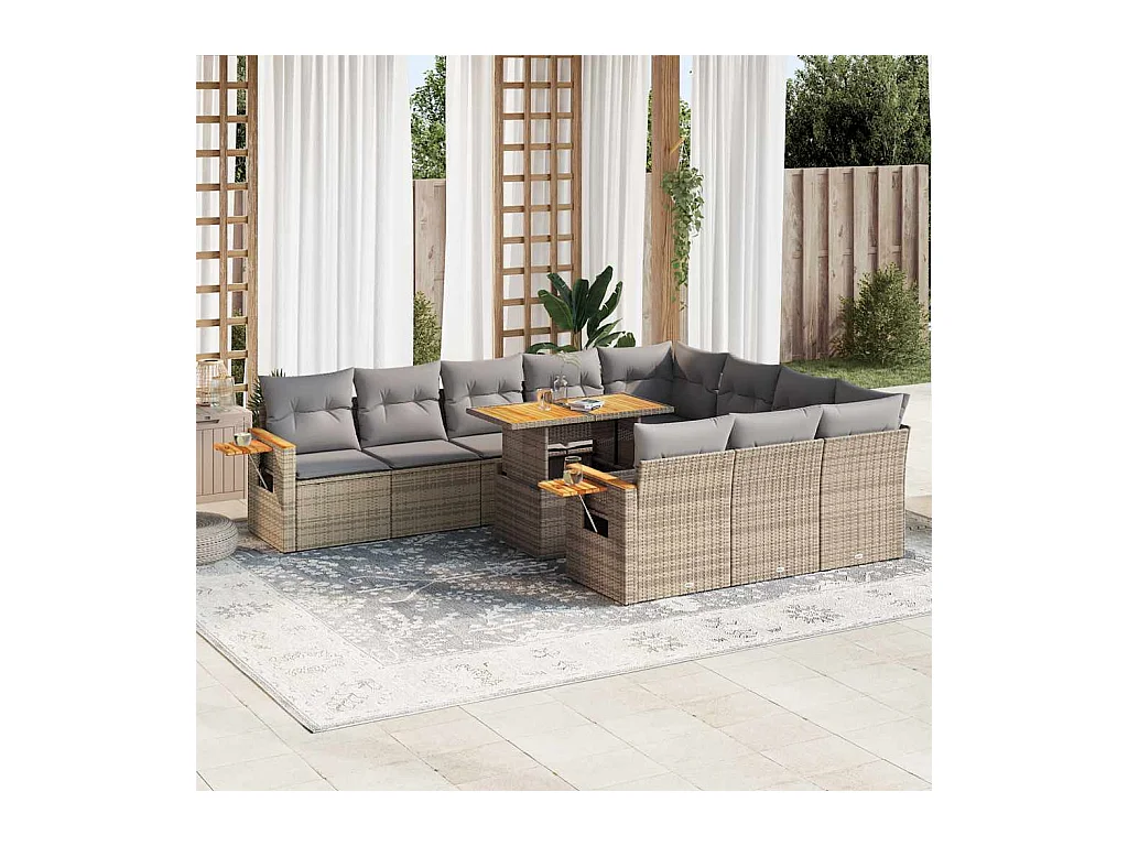 Salon de jardin 11pcs avec coussins beige résine tressée acacia