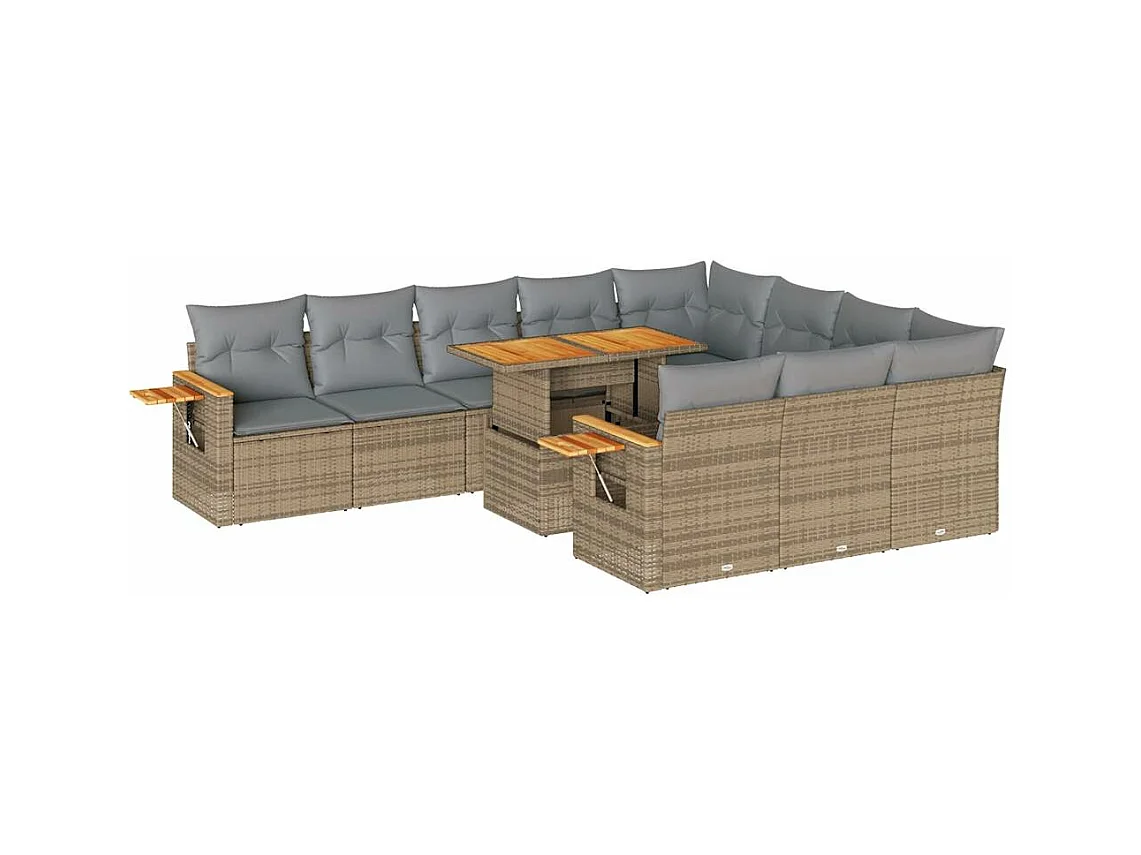 Salon de jardin 11pcs avec coussins beige résine tressée acacia