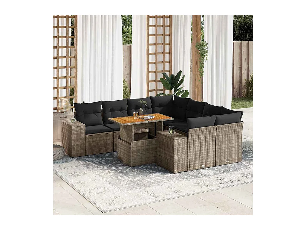 Salon de jardin 9 pcs avec coussins gris résine tressée