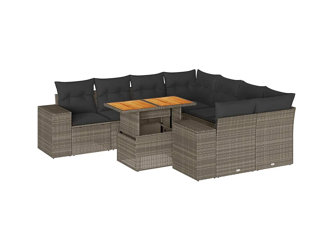 Salon de jardin 9 pcs avec coussins gris résine tressée