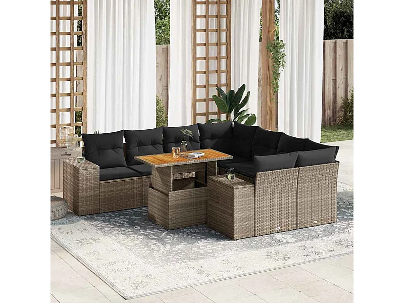 Salon de jardin 9 pcs avec coussins gris résine tressée