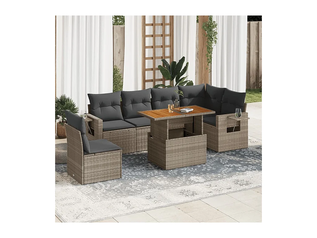 Salon de jardin avec coussins 7 pcs gris résine tressée