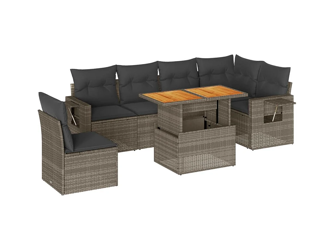 Salon de jardin avec coussins 7 pcs gris résine tressée