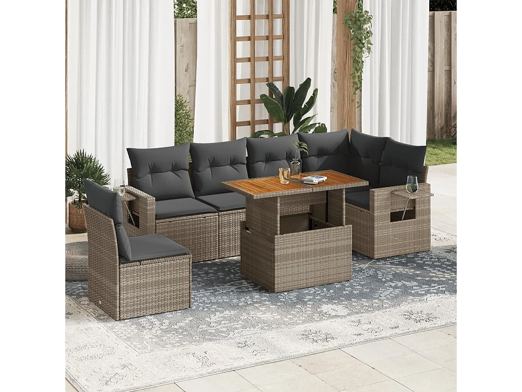 Salon de jardin avec coussins 7 pcs gris résine tressée