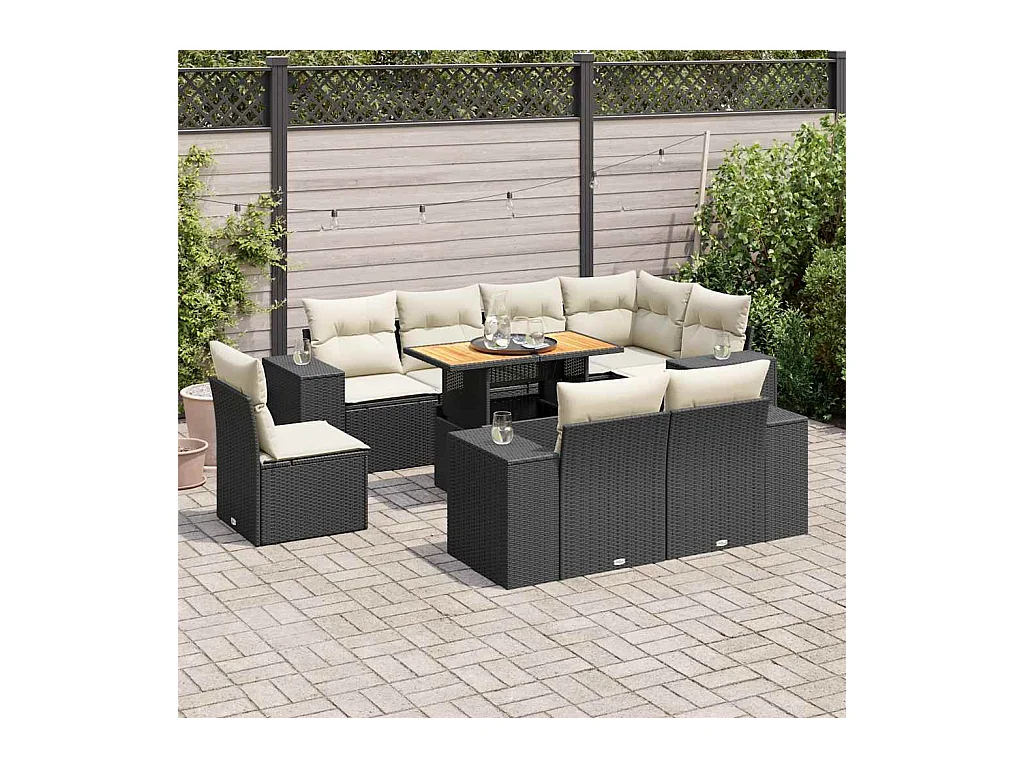 Salon de jardin 9 pcs avec coussins noir résine tressée