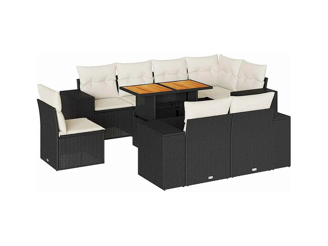 Salon de jardin 9 pcs avec coussins noir résine tressée