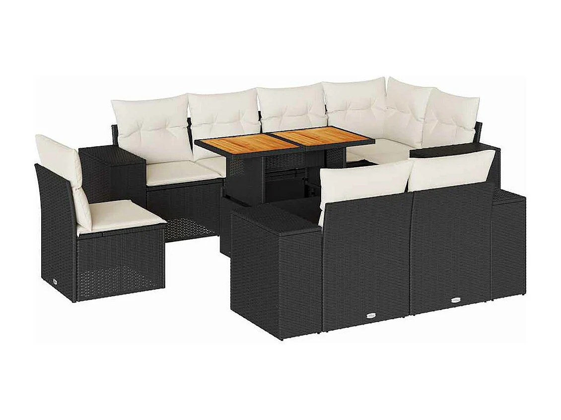 Salon de jardin 9 pcs avec coussins noir résine tressée