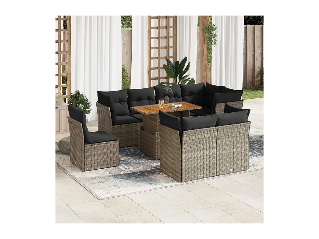 Salon de jardin 9 pcs avec coussins gris résine tressée