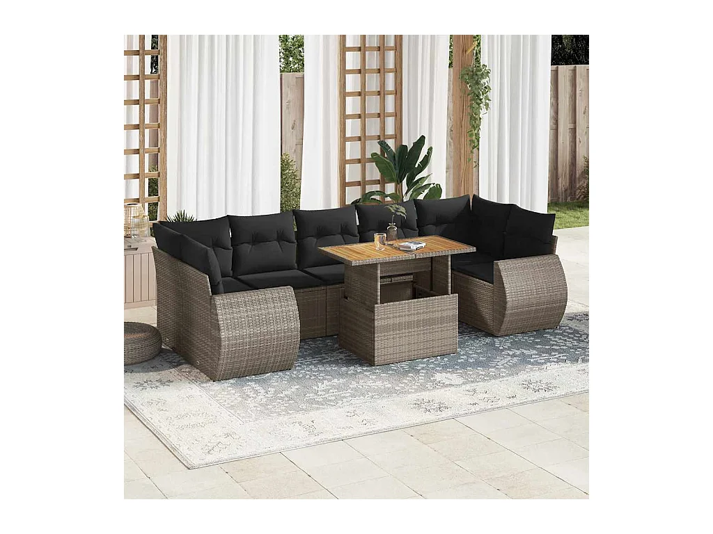 Salon de jardin 8 pcs avec coussins gris résine tressée