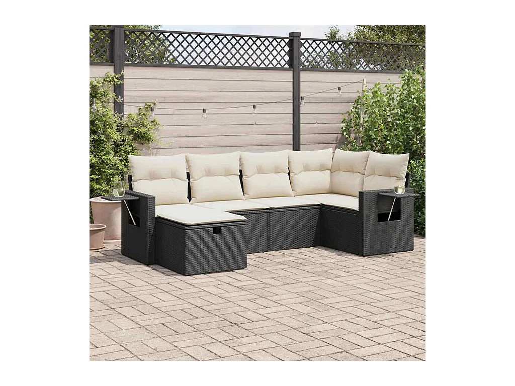 Salon de jardin 6 pcs avec coussins noir résine tressée
